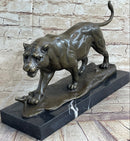 Panther Mountain Lion Big Cat Bronze Statue Sculpture Figure on Marble Base