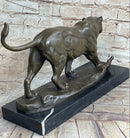 Panther Mountain Lion Big Cat Bronze Statue Sculpture Figure on Marble Base