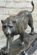 Panther Mountain Lion Big Cat Bronze Statue Sculpture Figure on Marble Base