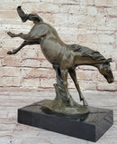 Jumping Wild Horse Mustang Stallion Bronze Sculpture Statue on Marble Base