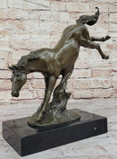 Jumping Wild Horse Mustang Stallion Bronze Sculpture Statue on Marble Base