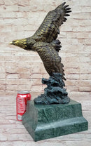 American Bald Eagle Flying Sideways Bronze Sculpture Statue on Green Marble Base