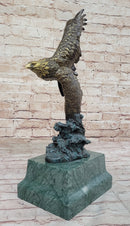 American Bald Eagle Flying Sideways Bronze Sculpture Statue on Green Marble Base