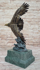 American Bald Eagle Flying Sideways Bronze Sculpture Statue on Green Marble Base