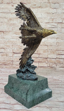 American Bald Eagle Flying Sideways Bronze Sculpture Statue on Green Marble Base
