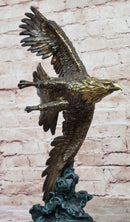 American Bald Eagle Flying Sideways Bronze Sculpture Statue on Green Marble Base