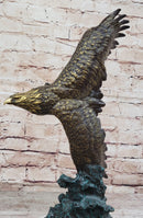 American Bald Eagle Flying Sideways Bronze Sculpture Statue on Green Marble Base