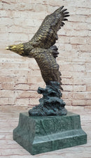 American Bald Eagle Flying Sideways Bronze Sculpture Statue on Green Marble Base