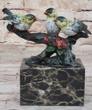 3 Colorful Finches Songbirds Sparrows on a Branch - Bronze Art Sculpture by Milo