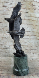 Two Bald Eagles Flying Sideways Bronze Metal Statue Sculpture on Green Marble Base