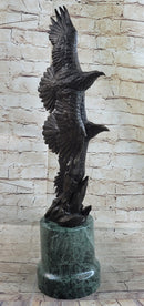 Two Bald Eagles Flying Sideways Bronze Metal Statue Sculpture on Green Marble Base