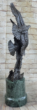 Two Bald Eagles Flying Sideways Bronze Metal Statue Sculpture on Green Marble Base