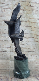 Two Bald Eagles Flying Sideways Bronze Metal Statue Sculpture on Green Marble Base