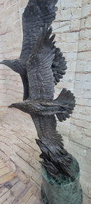 Two Bald Eagles Flying Sideways Bronze Metal Statue Sculpture on Green Marble Base