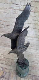 Two Bald Eagles Flying Sideways Bronze Metal Statue Sculpture on Green Marble Base