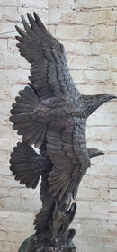 Two Bald Eagles Flying Sideways Bronze Metal Statue Sculpture on Green Marble Base