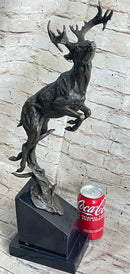 Elk Deer Caribou Stag Buck Jumping Bronze Statue Sculpture on Marble Base