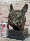 French Bulldog Puppy Dog Bronze Bust Sculpture Statue Decor on Marble Base