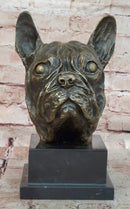 French Bulldog Puppy Dog Bronze Bust Sculpture Statue Decor on Marble Base