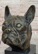 French Bulldog Puppy Dog Bronze Bust Sculpture Statue Decor on Marble Base