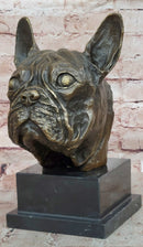 French Bulldog Puppy Dog Bronze Bust Sculpture Statue Decor on Marble Base