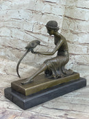 Signed Chiparus Girl With Parrot Bronze Statue Marble Base Sculpture Decor Gift