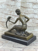 Signed Chiparus Girl With Parrot Bronze Statue Marble Base Sculpture Decor Gift