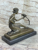 Signed Chiparus Girl With Parrot Bronze Statue Marble Base Sculpture Decor Gift