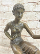 Signed Chiparus Girl With Parrot Bronze Statue Marble Base Sculpture Decor Gift