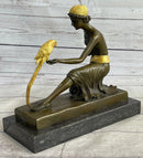 Bronze Art Nouveau Deco Sculpture Deco Girl w/ Parrot by Chiparus Home Decor