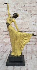 Chiparus Art Deco Bronze Dancer Girl in Long Dress w/ Gold Patina