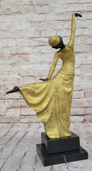 Chiparus Art Deco Bronze Dancer Girl in Long Dress w/ Gold Patina