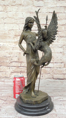 Mythical Griffin & Woman w/ Spear Bronze Statue Sculpture Figure Marble Base 18"x 9"