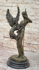 Mythical Griffin & Woman w/ Spear Bronze Statue Sculpture Figure Marble Base 18"x 9"