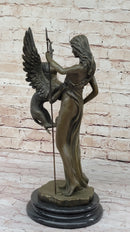 Mythical Griffin & Woman w/ Spear Bronze Statue Sculpture Figure Marble Base 18"x 9"