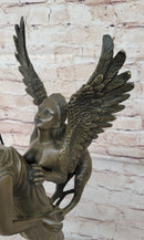 Mythical Griffin & Woman w/ Spear Bronze Statue Sculpture Figure Marble Base 18"x 9"