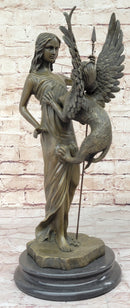 Mythical Griffin & Woman w/ Spear Bronze Statue Sculpture Figure Marble Base 18"x 9"