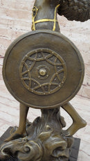 Winged Semi Nude Angel Archangel w/ Spear & Shield - Bronze Sculpture Statue