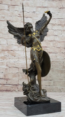Winged Semi Nude Angel Archangel w/ Spear & Shield - Bronze Sculpture Statue