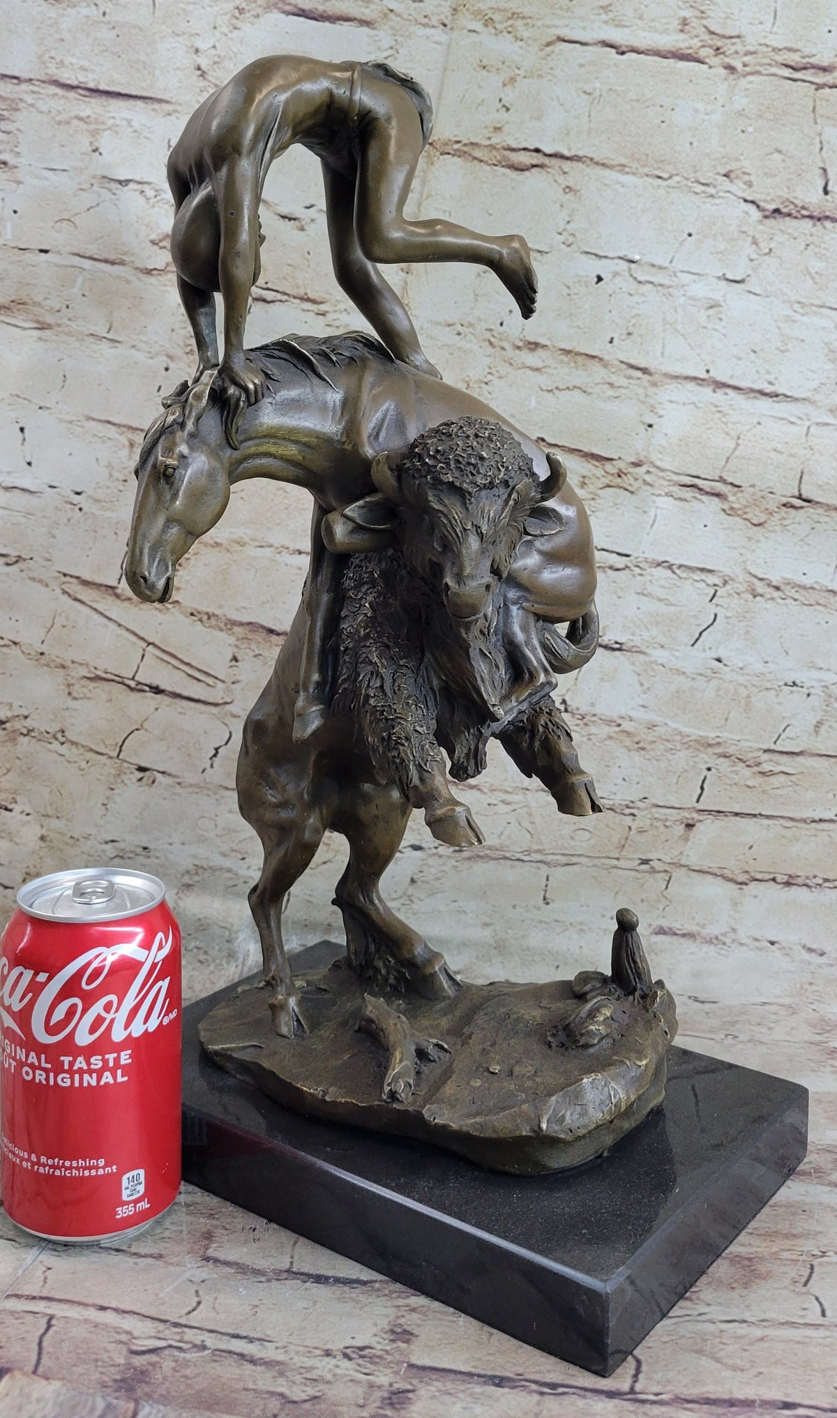 Bronze Sculpture Statue of Native American Indian Man Jumping over Buf