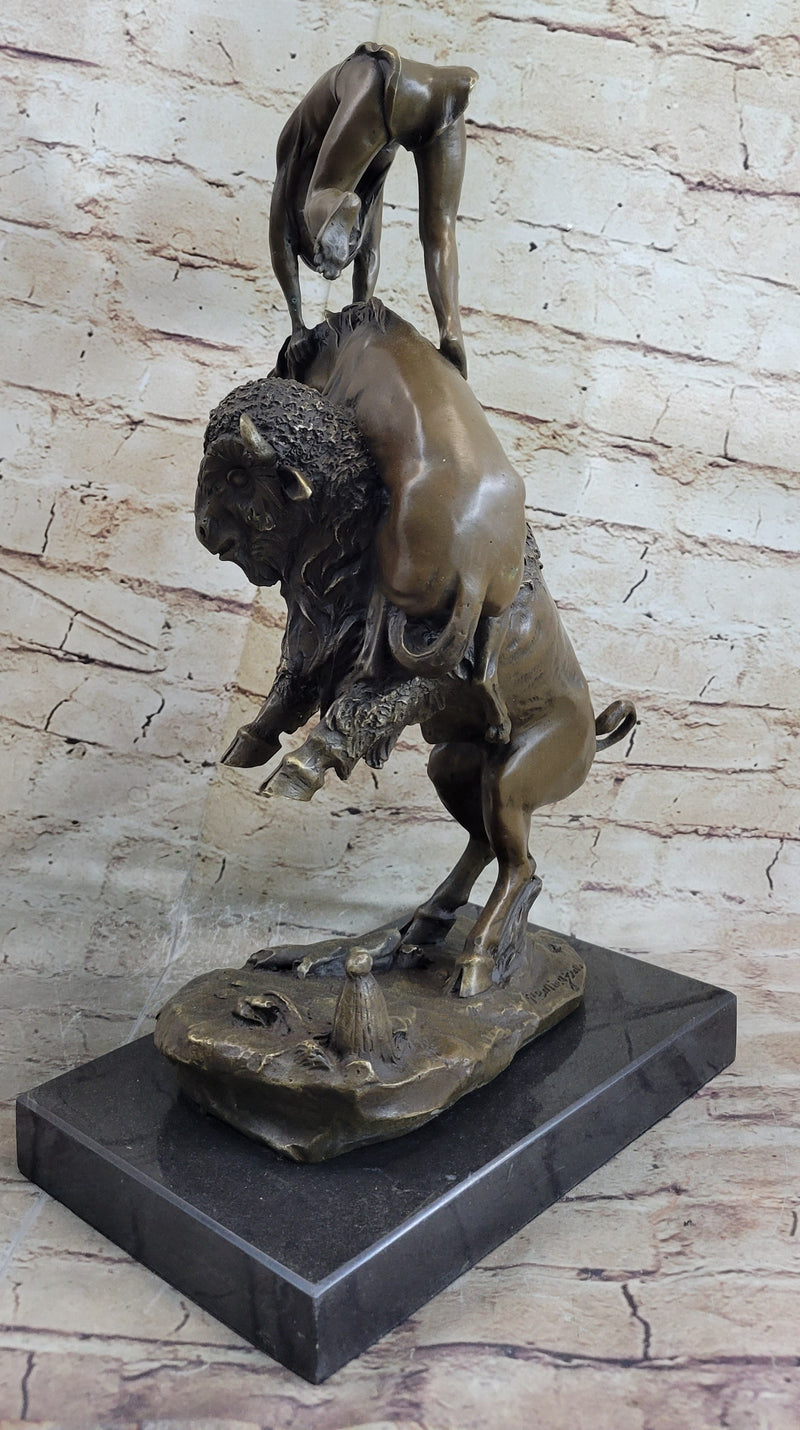 Bronze Sculpture Statue of Native American Indian Man Jumping over Buf