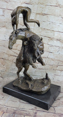 Bronze Sculpture Statue of Native American Indian Man Jumping over Buffalo & Horse