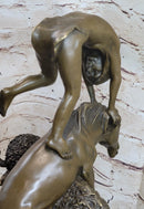 Bronze Sculpture Statue of Native American Indian Man Jumping over Buffalo & Horse