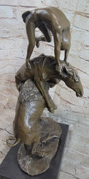 Bronze Sculpture Statue of Native American Indian Man Jumping over Buffalo & Horse