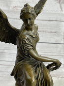 Signed Moreau Angel sits on Celestial Throne Bronze Marble Sculpture Decor