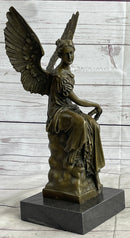 Signed Moreau Angel sits on Celestial Throne Bronze Marble Sculpture Decor