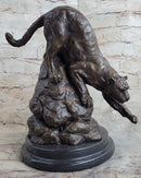 Signed Barye African Wild Cat Jungle Lion Bronze Statue Sculpture Figurine Art