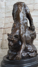 Signed Barye African Wild Cat Jungle Lion Bronze Statue Sculpture Figurine Art