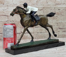 JOCKEY RIDING HORSE BRONZE STATUE FIGURE FIGURIN HOT CAST MARBLE BASE SCULPTURE