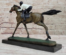 JOCKEY RIDING HORSE BRONZE STATUE FIGURE FIGURIN HOT CAST MARBLE BASE SCULPTURE
